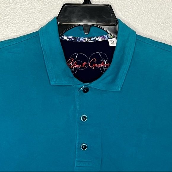 Robert Graham Polo Shirt Men Medium Teal Patterned Collar Classic Fit Casual - Picture 2 of 7